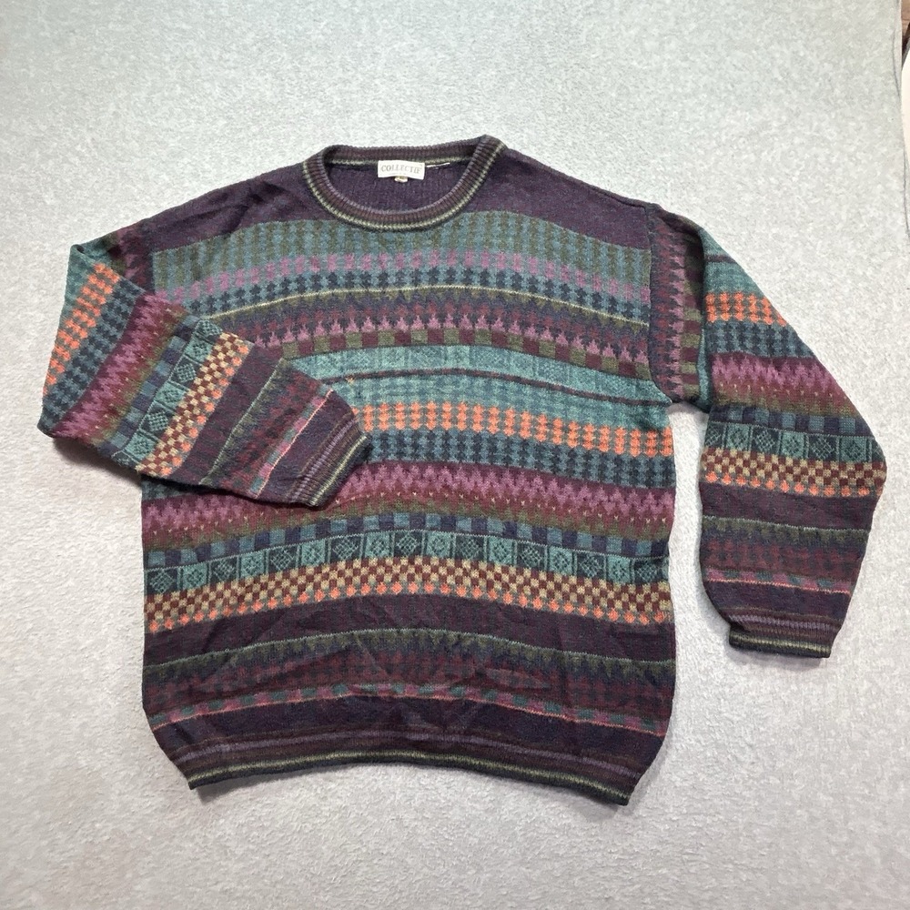 Vintage 90s Collectif Mens Made in Italy Abstract Plaid Wool Blend Sweater Sz XL